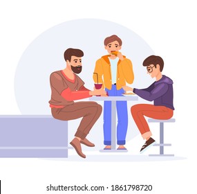 Students lunch time. Group of young people eating fast food, drink coffee, eat hot dog. Friends people sitting together at table communicate together and having lunch flat vector