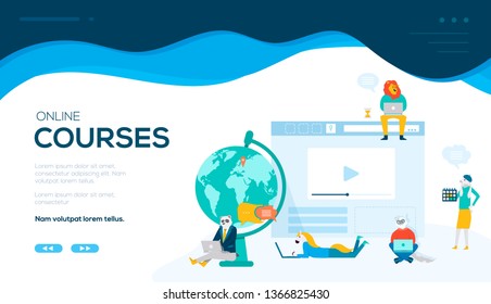 Students lying and sitting with their laptops, taking classes over the Internet. Concept of distance education, online trainings, courses, webinar, tutorial. Vector flat design. Place for text.