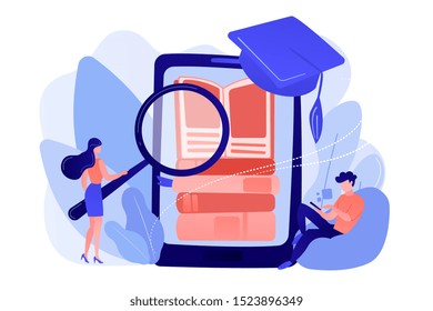 Students with magnifier reading stack of e-books in smartphone education app. Mobile learning, learning application, m-learning education concept. Pinkish coral bluevector isolated illustration