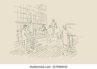 Students make a drawing of a man on a horse in an art school