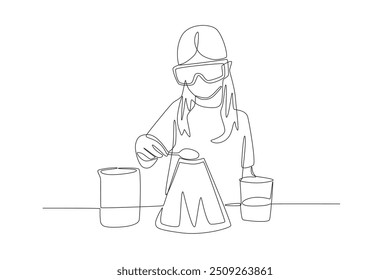 Students make a volcano eruption experiment from baking soda. Student science projectscept one-line drawing