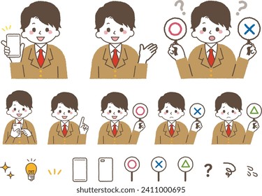 Estudiantes haciendo varios gestos. Aclaración de dedos, prueba verdadera o falsa, e introducciones en smartphones.