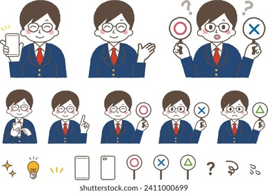 Schüler mit verschiedenen Gesten. Fingerzeig, wahres oder falsches Quiz und Einführung auf Smartphones.