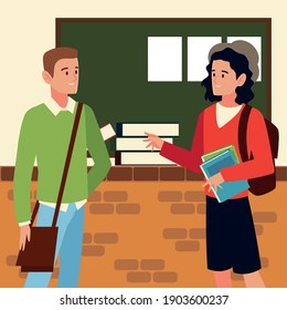 students male characters talking with books education vector illustration