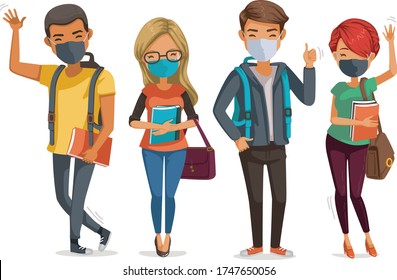 
Students mask group smiling and standing together. person wear face mask protect virus. Protect dust PM 2.5 and Covid-19. Social distancing new normal coronavirus related.