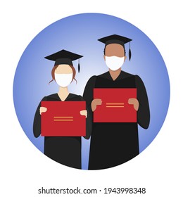 Students in masks hold diplomas. Higher education. Vector icon.