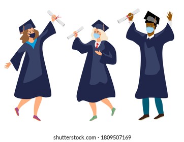 Students in medical mask. Graduates in protective medical masks celebrate 2020 graduation during coronavirus quarantine. Boys and girls having fun jump and toss up mortarboards and diplomas