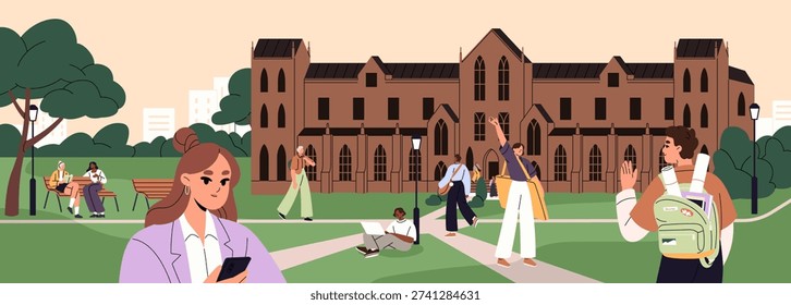 Students are meeting and learning in university campus yard. Young people have a rest, talk and study on lawn in college. Boys and girls walk in park of high school building. Flat vector illustration