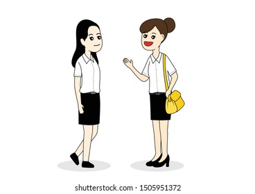 Students meeting let's talk, Group students cheerful conversation on white background, Cartoon vector illustration