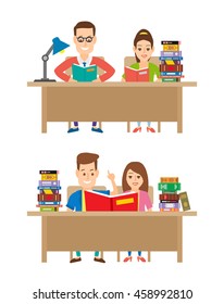 students men and women reading books in library on white background