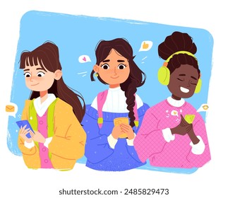 Students with mobile phone. Vector illustration. A girl received a message, A surprised woman,  joyful character with headphones listening to music. Childish cute textured art. Social media concept. 