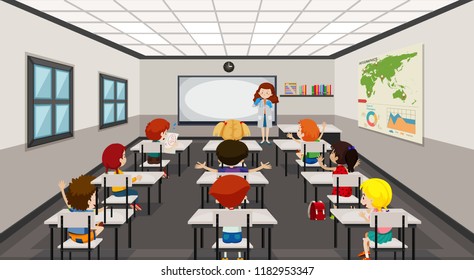 Students in modern classroom illustration