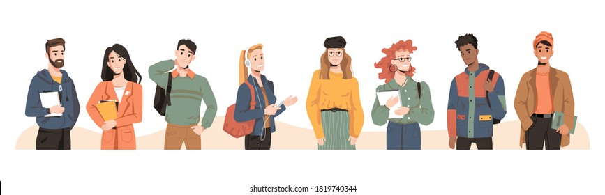 Students multicultural and multiracial millennial teenagers, trendy people, vector flat cartoon. University young people or students friends of different nation with study books in modern clothes