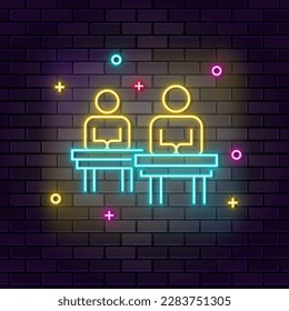 Students neon icon. Education neon icon on dark brick wall background