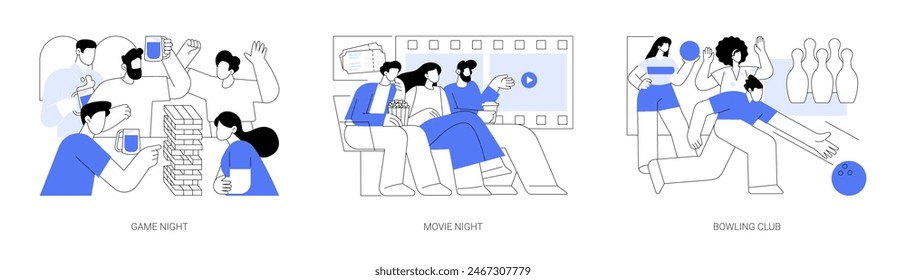 Students night out isolated cartoon vector illustrations set. Teenage friends play board games together, college students at cinema, hanging out at bowling club, youth lifestyle vector cartoon.