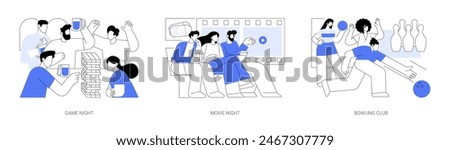 Students night out isolated cartoon vector illustrations set. Teenage friends play board games together, college students at cinema, hanging out at bowling club, youth lifestyle vector cartoon.