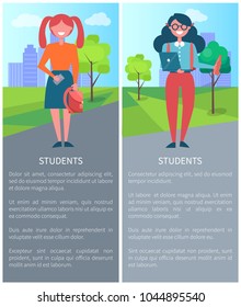 Students on background of city, description with girls holding laptop and backpack, faceless characters. Vector with schoolgirls poster with text