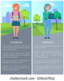 Students on background of city, description with girls holding laptop and books. Vector illustration with schoolgirls poster with text