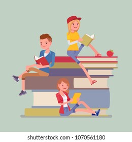 Students on book pile. Group of happy young people enjoy reading, devoted to study, sitting on giant books, bibliophile or bookworm. Science, education concept. Vector flat style cartoon illustration