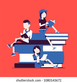 Students on book pile. Group of happy young people enjoy reading, devoted to study, sitting on giant books, bibliophile, bookworm. Science, education concept. Vector illustration, faceless characters