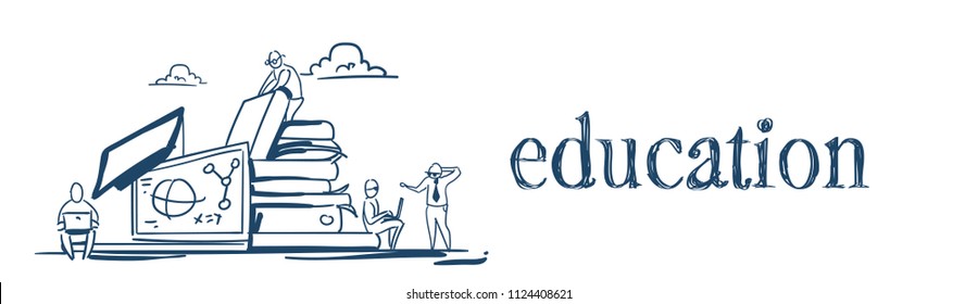 students on books stack education knowledge concept studying process molecular math formulas over white background sketch doodle banner vector illustration