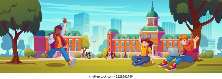 Students on campus near university or college building. Contemporary vector illustration of young people sitting on green grass with laptop, friends meeting at yard after classes. College education