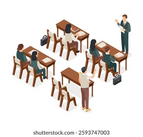 Students on lecture. Adult student and teacher, seminar, lesson. People sitting at desk with papers and book. Coach on business training, vector isometric concept