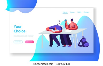 Students on Lecture in University. Man Sleeping, Girl Holding Apple in Hand. Learning Seminar, Higher Education, Gain Knowledge Website Landing Page, Web Page. Cartoon Flat Vector Illustration, Banner