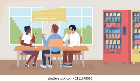 Students on lunch break flat color vector illustration. Eating snacks in hallway. Happy pupils talking while sitting at table 2D cartoon characters with cafeteria interior on background