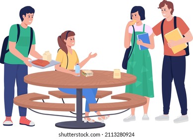 Students on outdoor lunch semi flat color vector characters. Interacting figures. Full body people on white. School break isolated modern cartoon style illustration for graphic design and animation