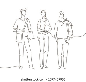 Students - one line design style illustration isolated on white background. Composition with three boys and girls standing together with bags and books. Perfect for presentations