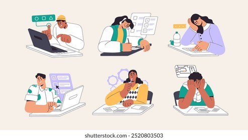 Students at online exams, tests set. People thinking, solve tasks at examination at laptop. Men and women learning, study. Concept education, checking knowledge. Flat isolated vector illustrations