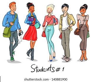 Students - part 1. Hand drawn teenagers, group of young people, set.