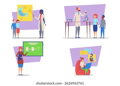 Estudantes que participam de diversas atividades educacionais, incluindo experimentos científicos, aulas de matemática e engajamento tecnológico. Conceito de aprendizagem e curiosidade