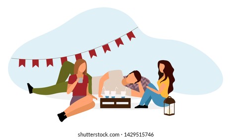 Students party flat vector illustration. Young campers, friends celebrating birthday, drinking cocktails isolated cartoon characters on white background. Girls, boy enjoying relaxed atmosphere 
