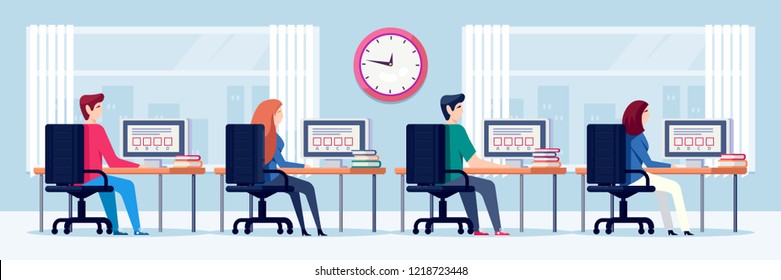 Students Pass Exam Test, Vector Flat Illustration. Online Education And Learning Concept. People Using Computers In Cabinet.