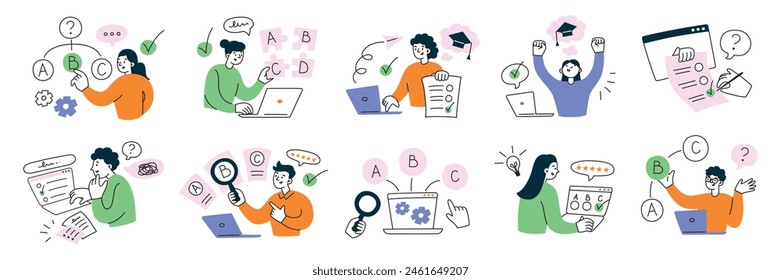 Students passing exams, tests in college, choosing answers on laptop. Distant education. Set of compositions with questions and checkboxes, colored vector illustrations of cartoon people