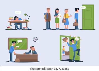 Students passing exams vector illustrations set. Test preparations. Tired teenager sleeping on desk. Scared classmates cartoon characters in university, college. Young guy getting exam results