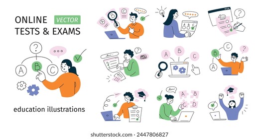 Students passing online test, having exam in college, choosing answers on laptop. Distant education. Set of compositions with questions and checkboxes, colored vector illustrations of cartoon people