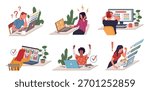 Students passing online test. People behind laptop monitors, choosing right answer, remote examination, modern school education, learning process cartoon flat isolated illustration nowaday vector set