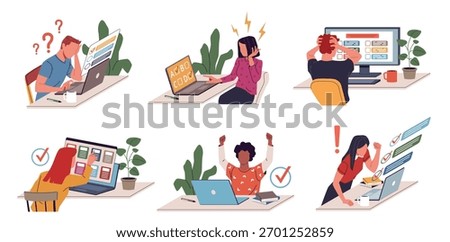 Students passing online test. People behind laptop monitors, choosing right answer, remote examination, modern school education, learning process cartoon flat isolated illustration nowaday vector set