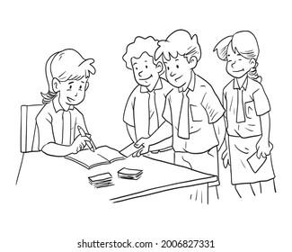 students paying for assignments. Hand drawn vector illustration
