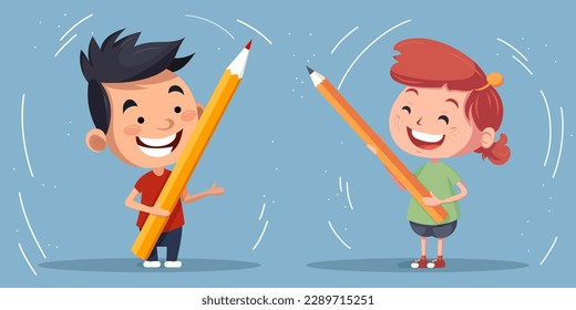 Students with a pencil. Boy and girl in full growth with a pencil in flat style.