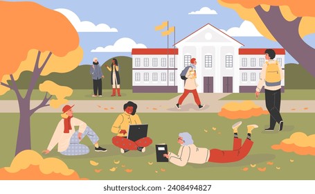 Students and people in autumn park, vector illustration in cartoon flat style. A group of young men and women study and work outside on a university lawn. Fall nature landscape, colorful trees.