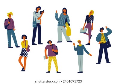 Students people set in flat character design for web. Bundle persons of different young women and men with bags and backpacks studying in university, standing and reading books. Vector illustration.