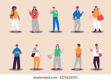 Estudiantes de diseño plano. Felices mujeres y hombres jóvenes con mochilas y libros estudiando en la universidad. Conjunto de diversos caracteres multiraciales. Ilustración de vectores personas aisladas para la web