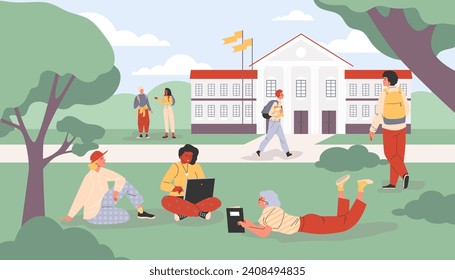 Schüler und Leute im Sommerpark, Vektorgrafik im Cartoon-Stil. Eine Gruppe junger Männer und Frauen studiert und arbeitet draußen auf einem Universitätsrasen. Farbige Naturlandschaft.
