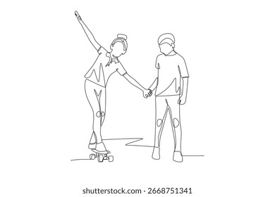Os alunos jogam skate durante o intervalo. Desenho de uma linha do conceito de recesso
