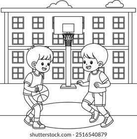 Students playing basketball on the school court during gym class outline coloring page