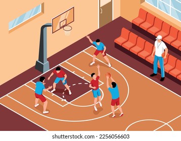 Students playing basketball in school sport gym with male teacher watching them 3d isometric vector illustration